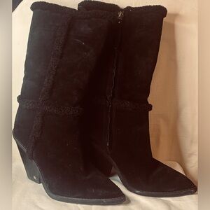 Sam Edelman Black Suede and Sherpa Lined Heeled Boots Mid Calf 8.5 well worn